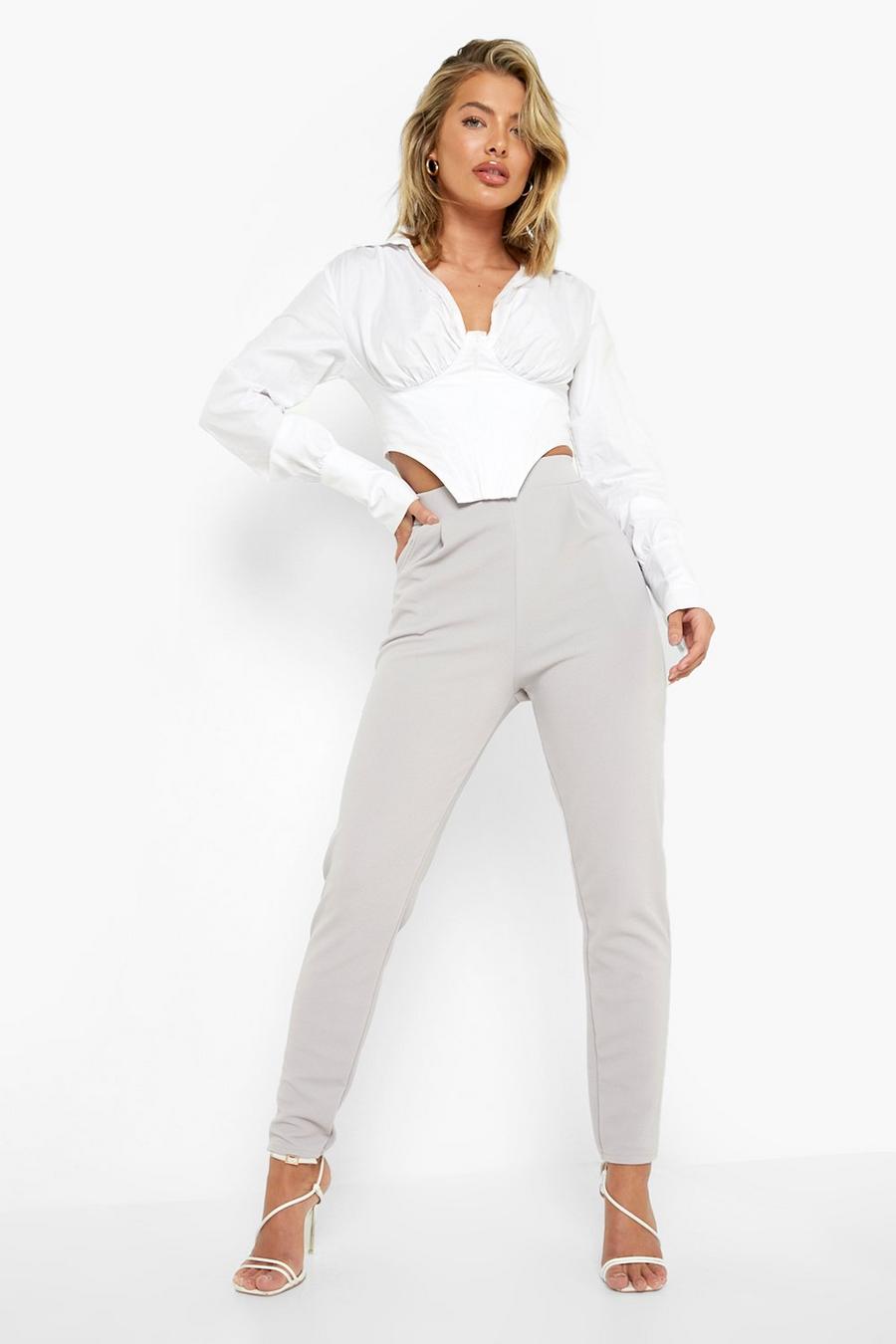 Light grey High Waisted Pleat Front Tapered Work Trousers