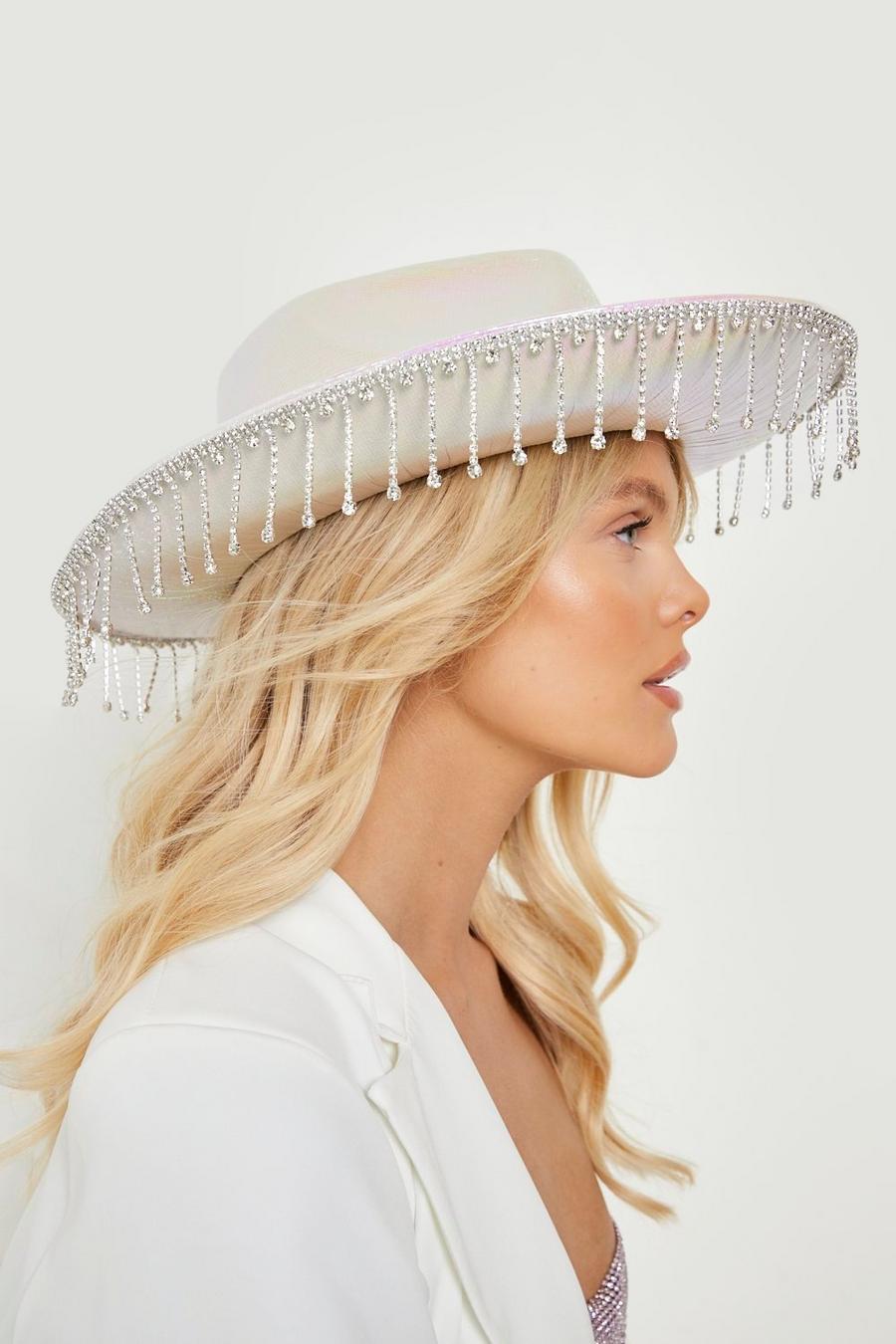 Cappello da cowgirl bianco a tesa larga con nappe di strass, White
