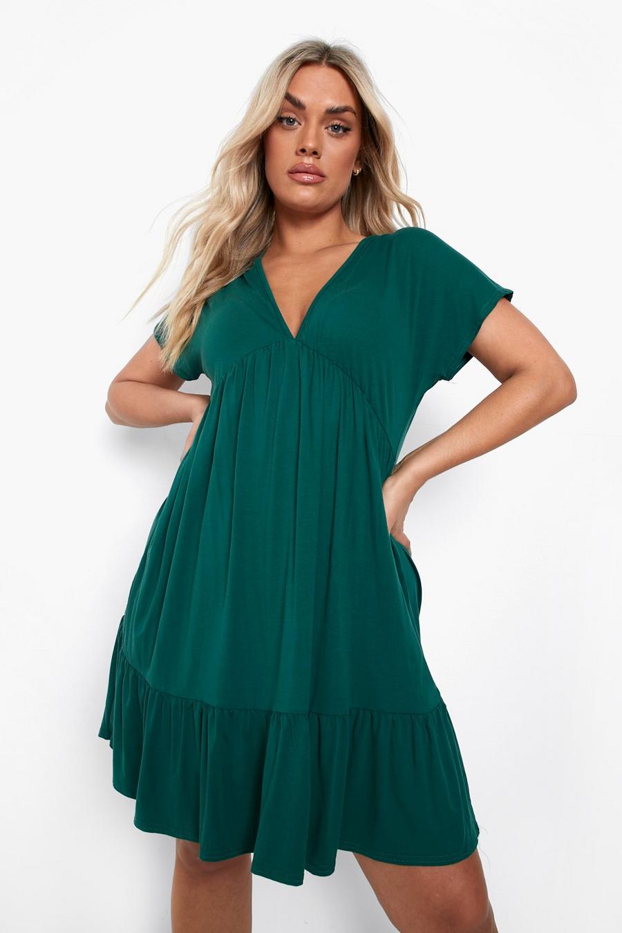 Plus Smok-Kleid mit V-Ausschnitt, Green
