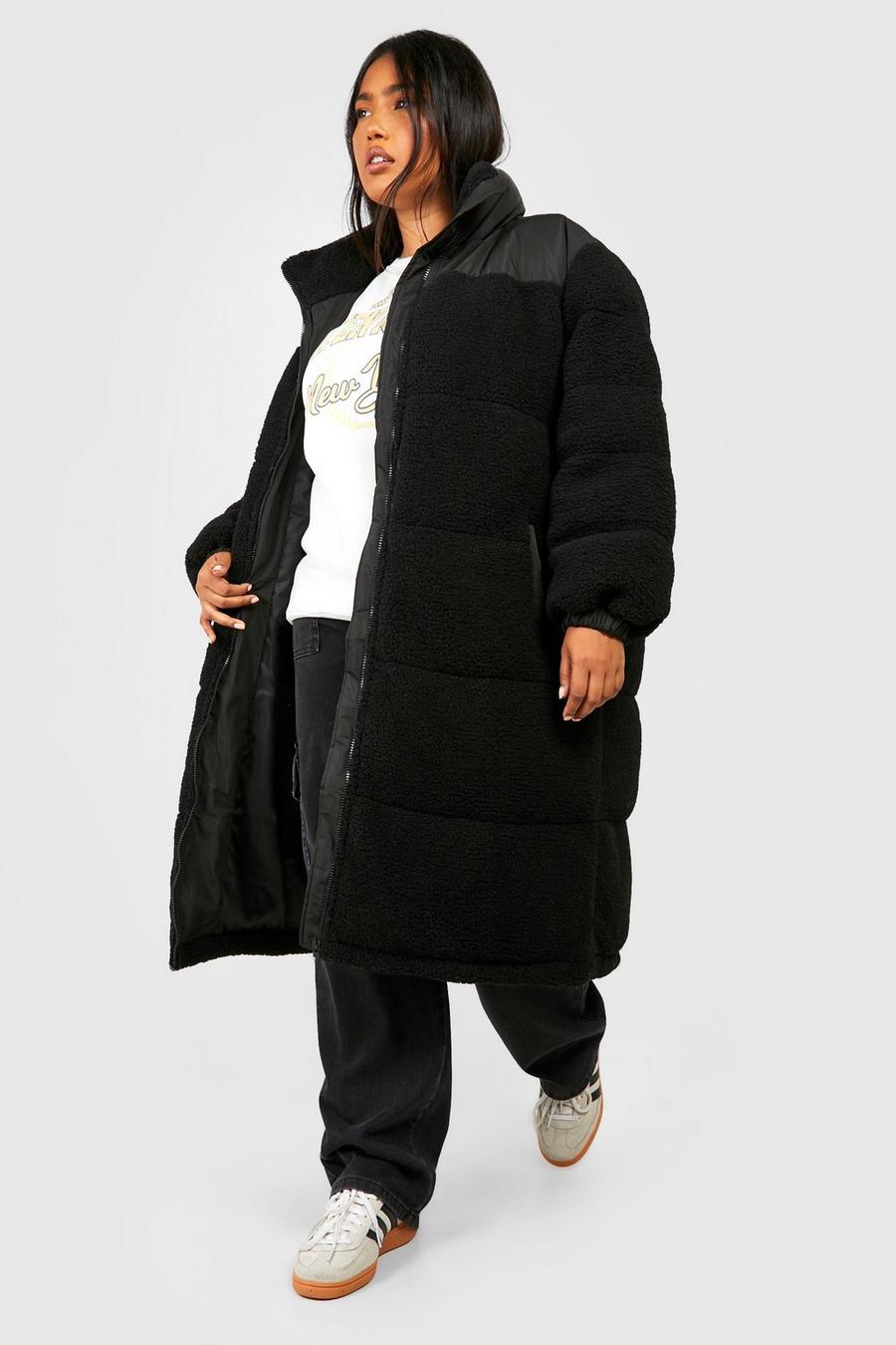 Black Plus Longline Teddy Faux Fur Panelled Puffer Jacket