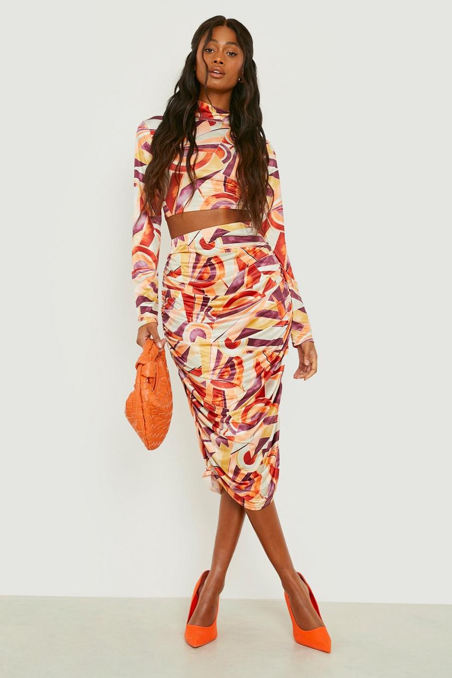 Multi Slinky High Neck Crop & Ruched Skirt Co Ord