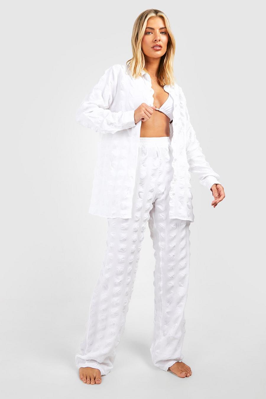 White Textured Crinkle Beach Trousers