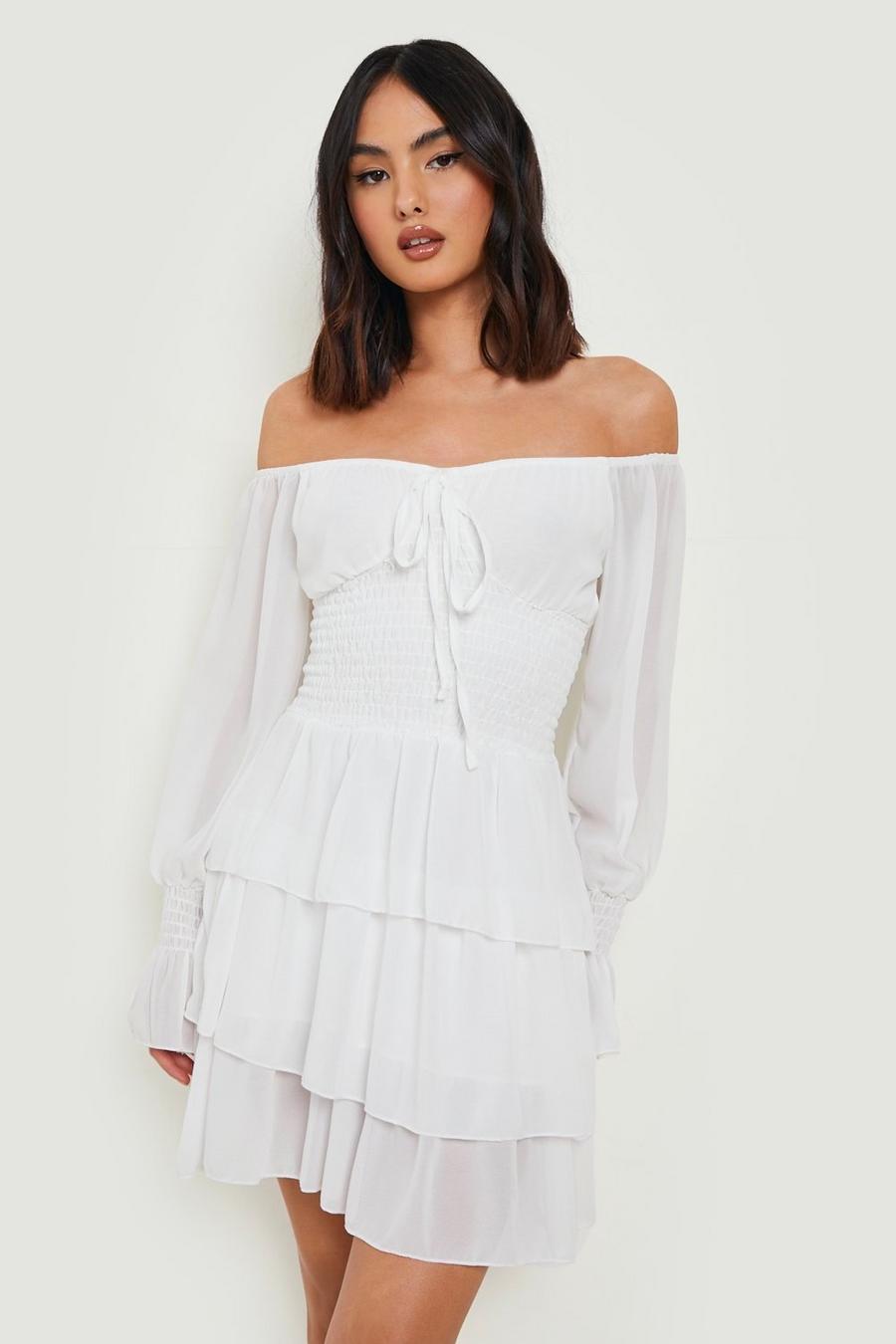 White Chiffon Shirred Off The Shoulder Mini Dress