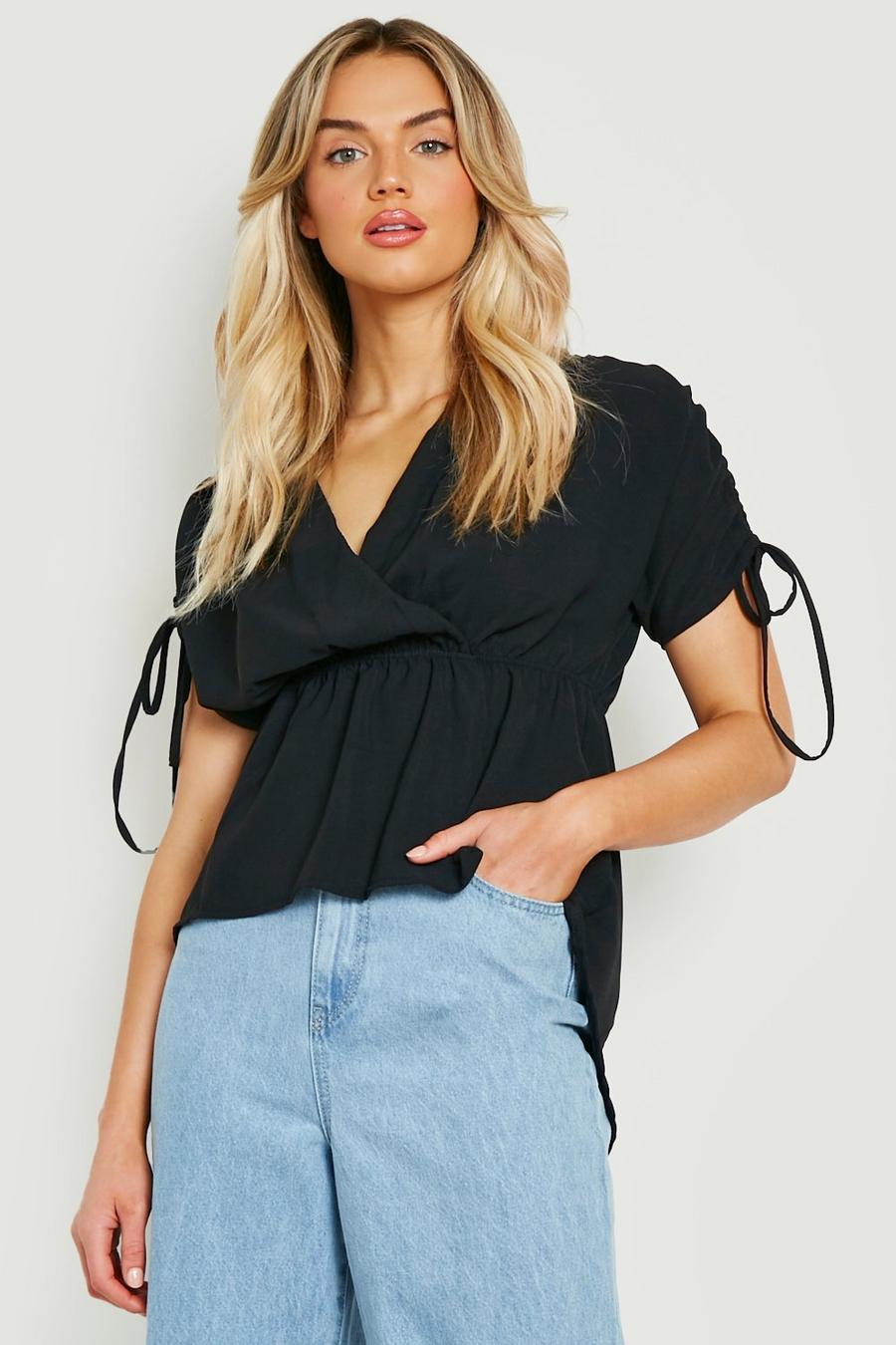 Black Ruched Sleeve Wrap Front Shirt