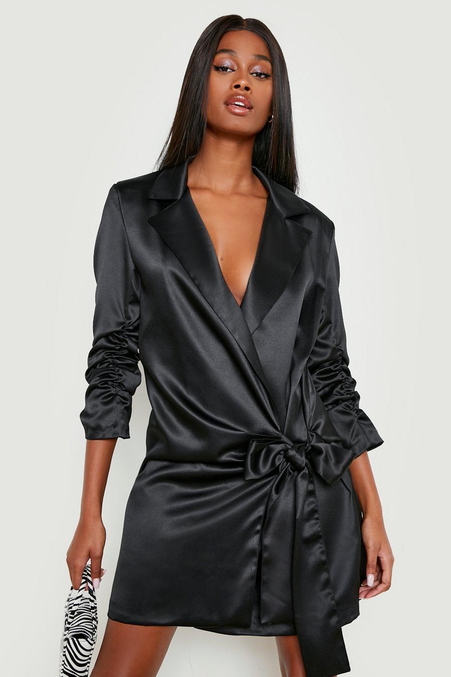 Black Satin Drape Side Blazer Dress