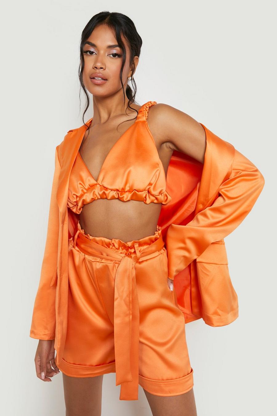 Orange Satin Paperbag Waist Tailored Shorts