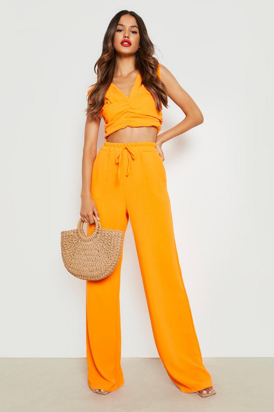 Ensemble texturé froncé avec crop top et pantalon large, Orange