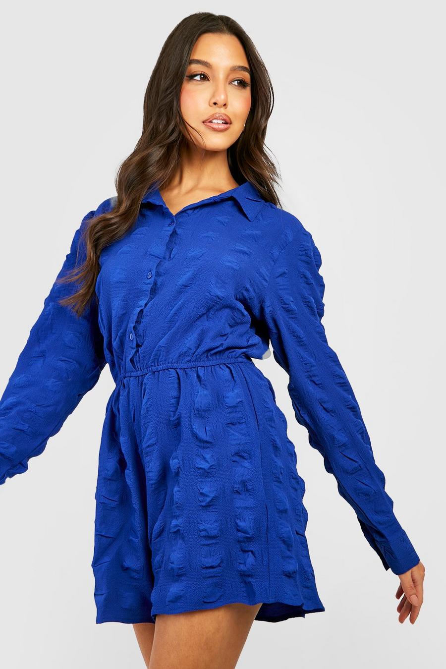 Cobalt blue Crinkle Textured Shirt Playsuit
