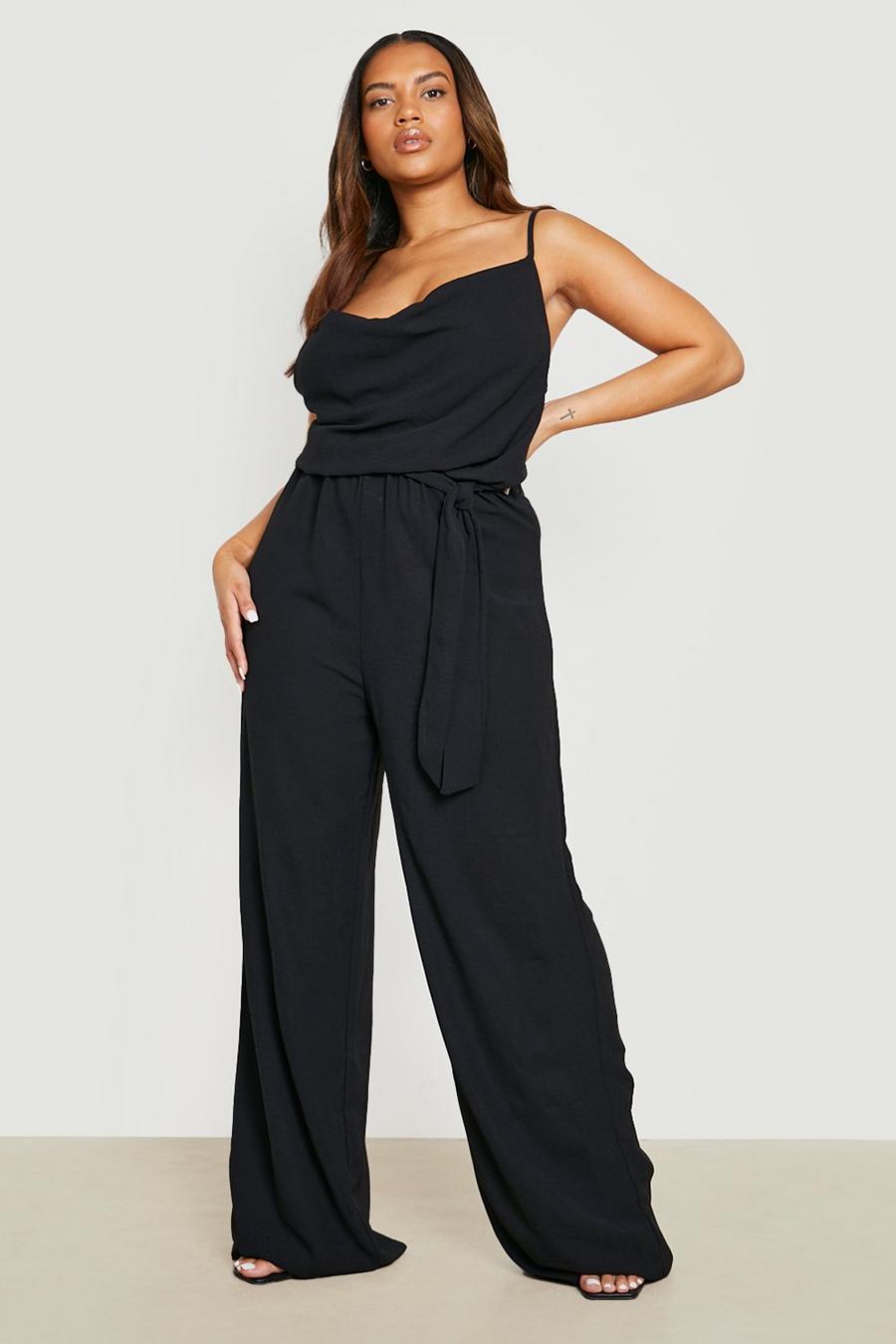 Black Plus Woven Strappy Cowl Neck Belted Jumpsuit 
