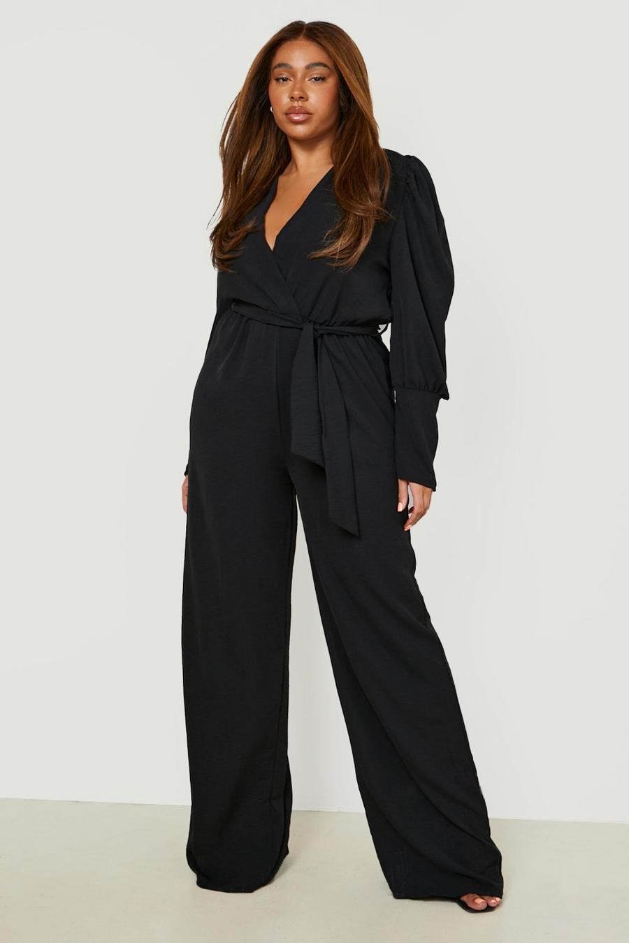 Black Plus Woven Puff Sleeve Belted Taper Jumpsuit