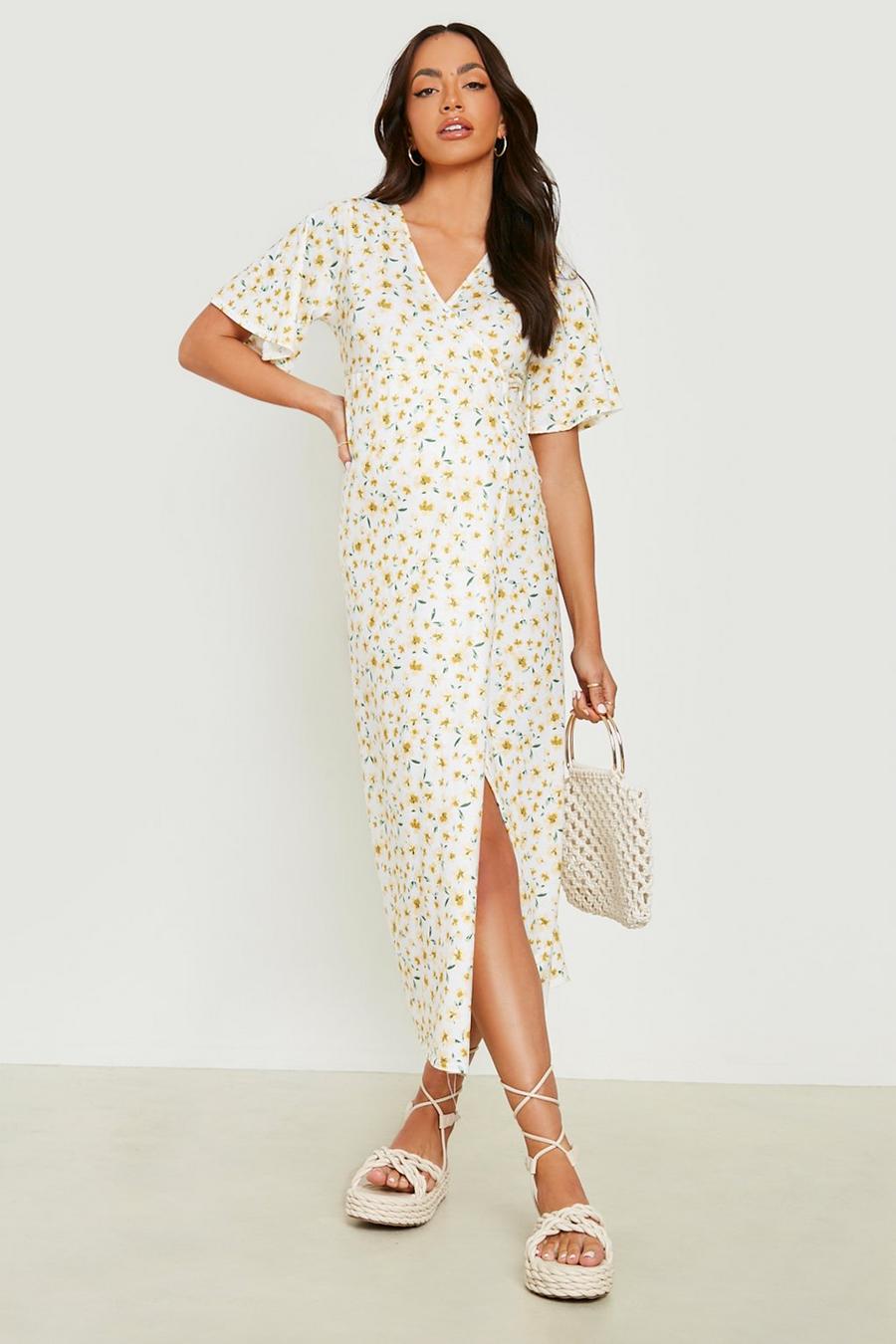 Yellow Maternity Floral Midaxi Wrap Dress