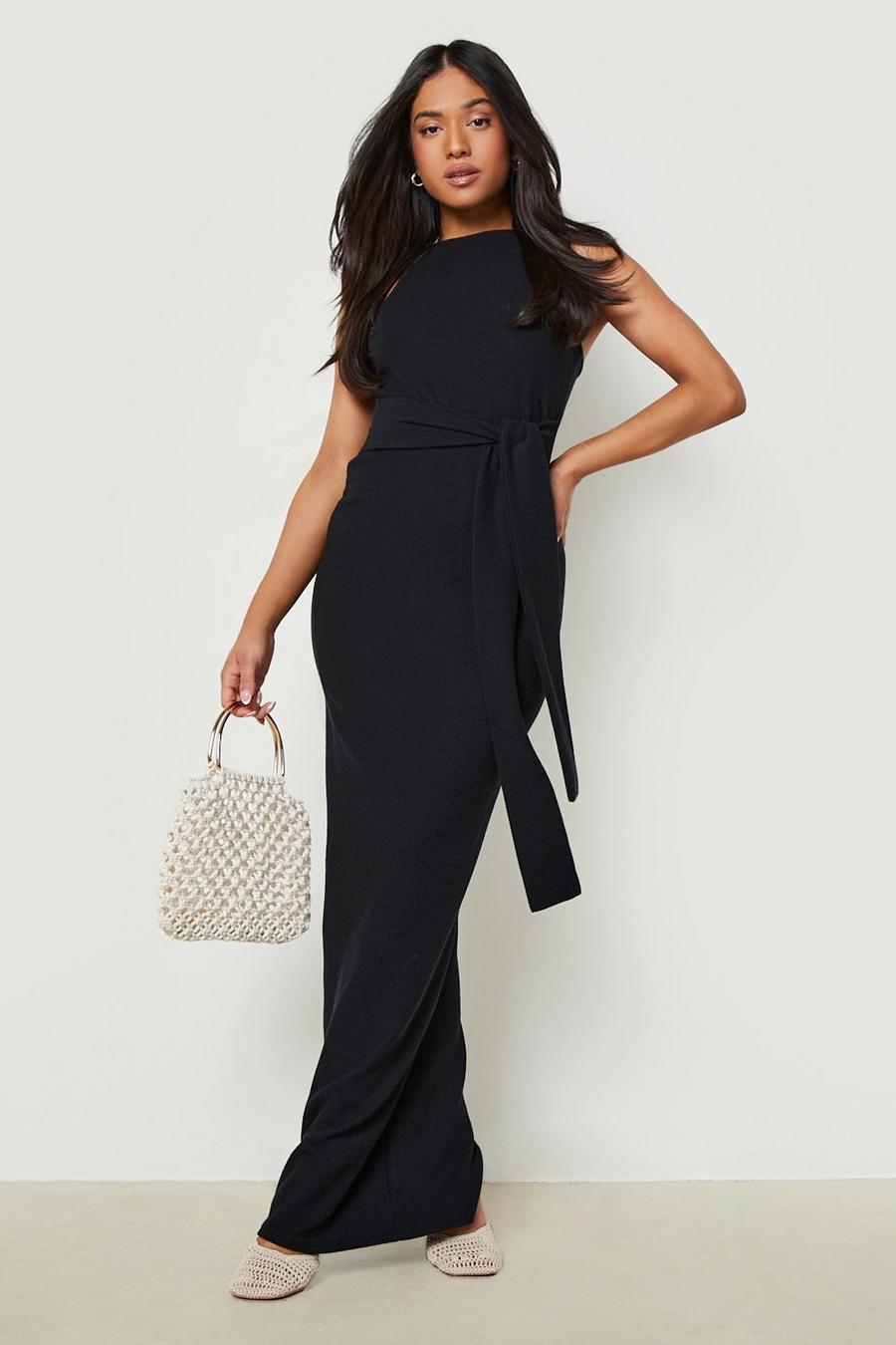 Black Petite Ripple Rib Racer Tie Front Maxi Dress