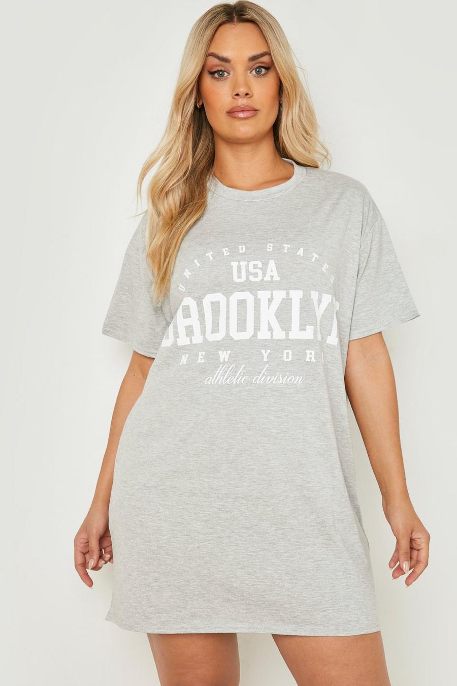 Vestito T-shirt Plus Size oversize con slogan Brooklyn, Grey marl