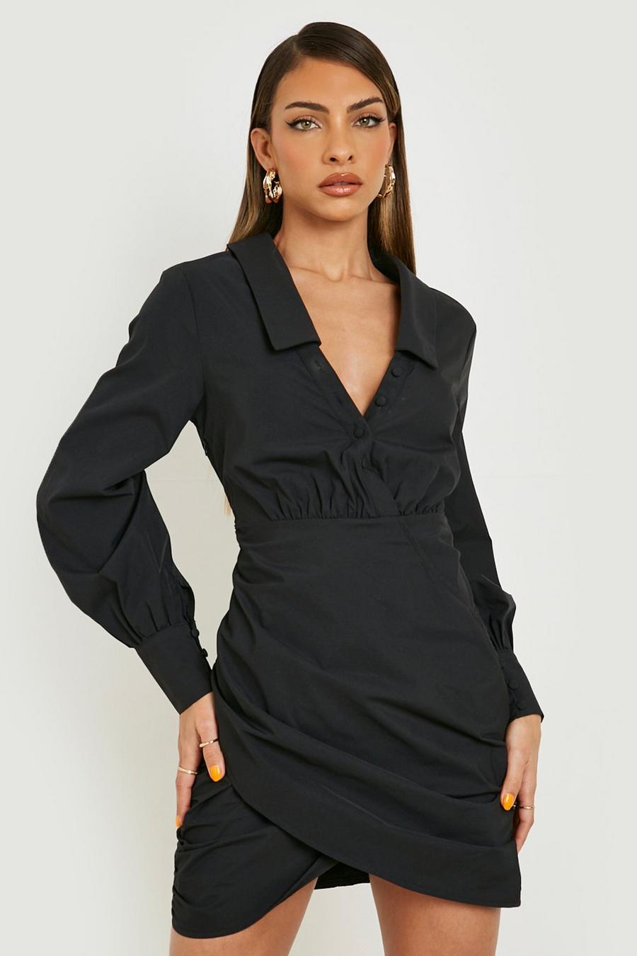 Black Wrap Front Ruched Detail Tailored Shirt Dress