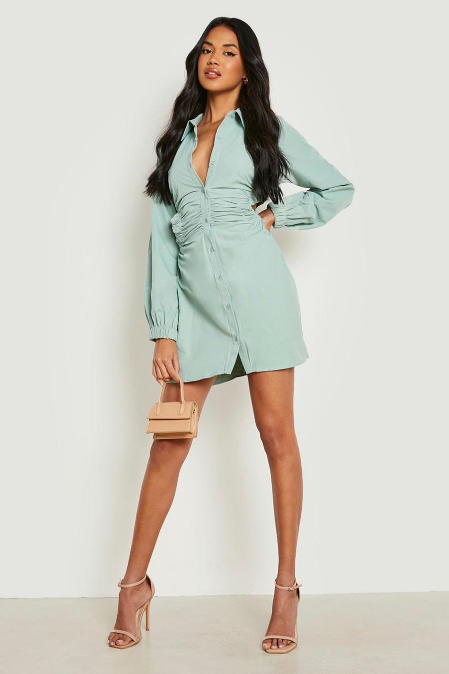 Sage Ruched Open Side Puff Sleeve Shirt Dress