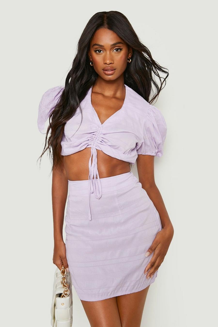 Lilac purple Textured Ruched Front Shirt & Mini Skirt 
