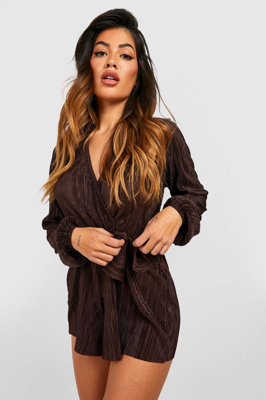 Chocolate Plisse Belted Wrap Playsuit