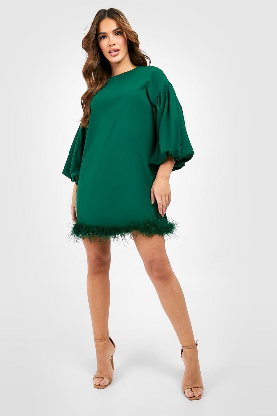 Vestido mini con mangas de globo y filo de plumas, Bottle green