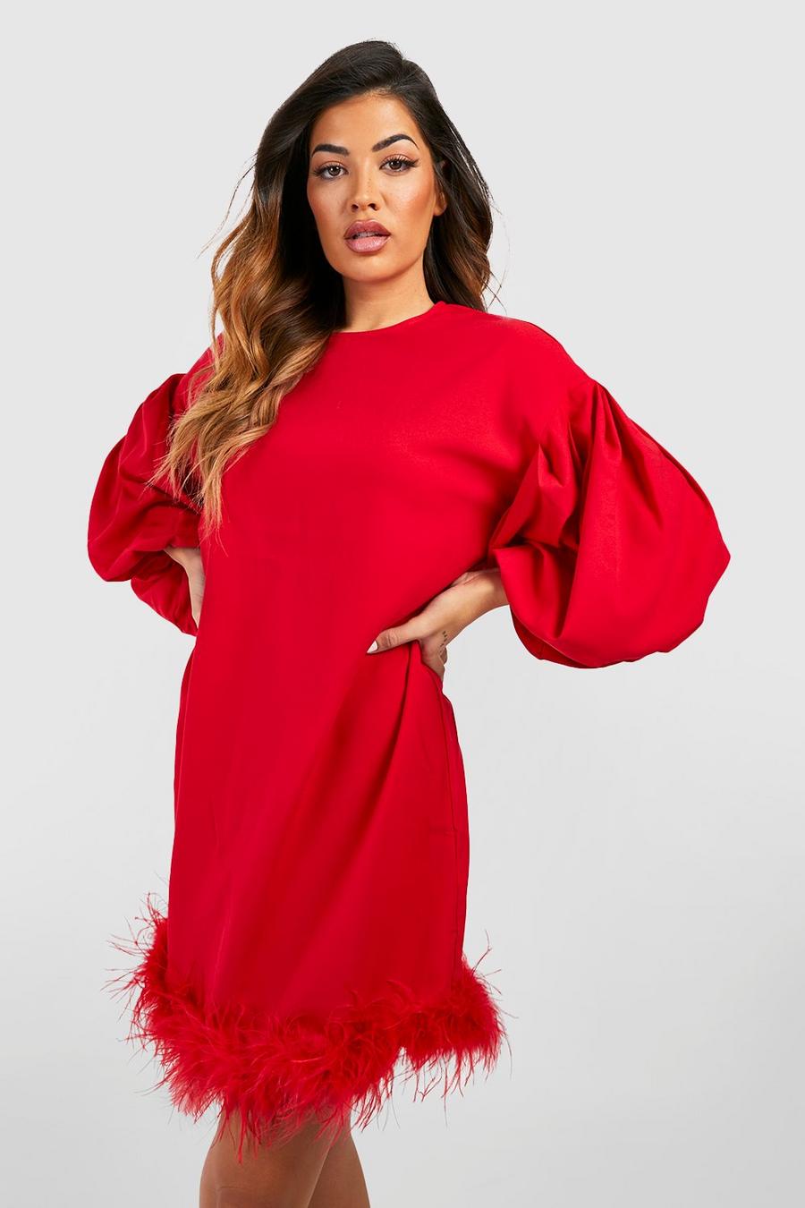Red Feather Hem Balloon Sleeve Mini Dress