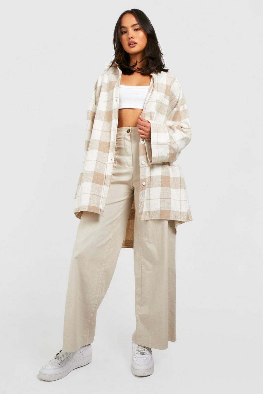 Beige Oversized Wide Sleeve Flannel Shacket