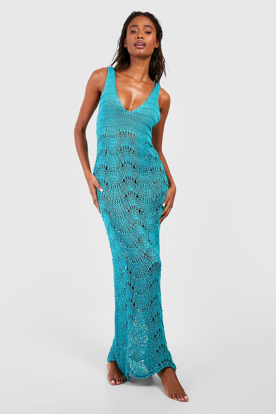 Aqua Crochet Scallop Scoop Beach Dress