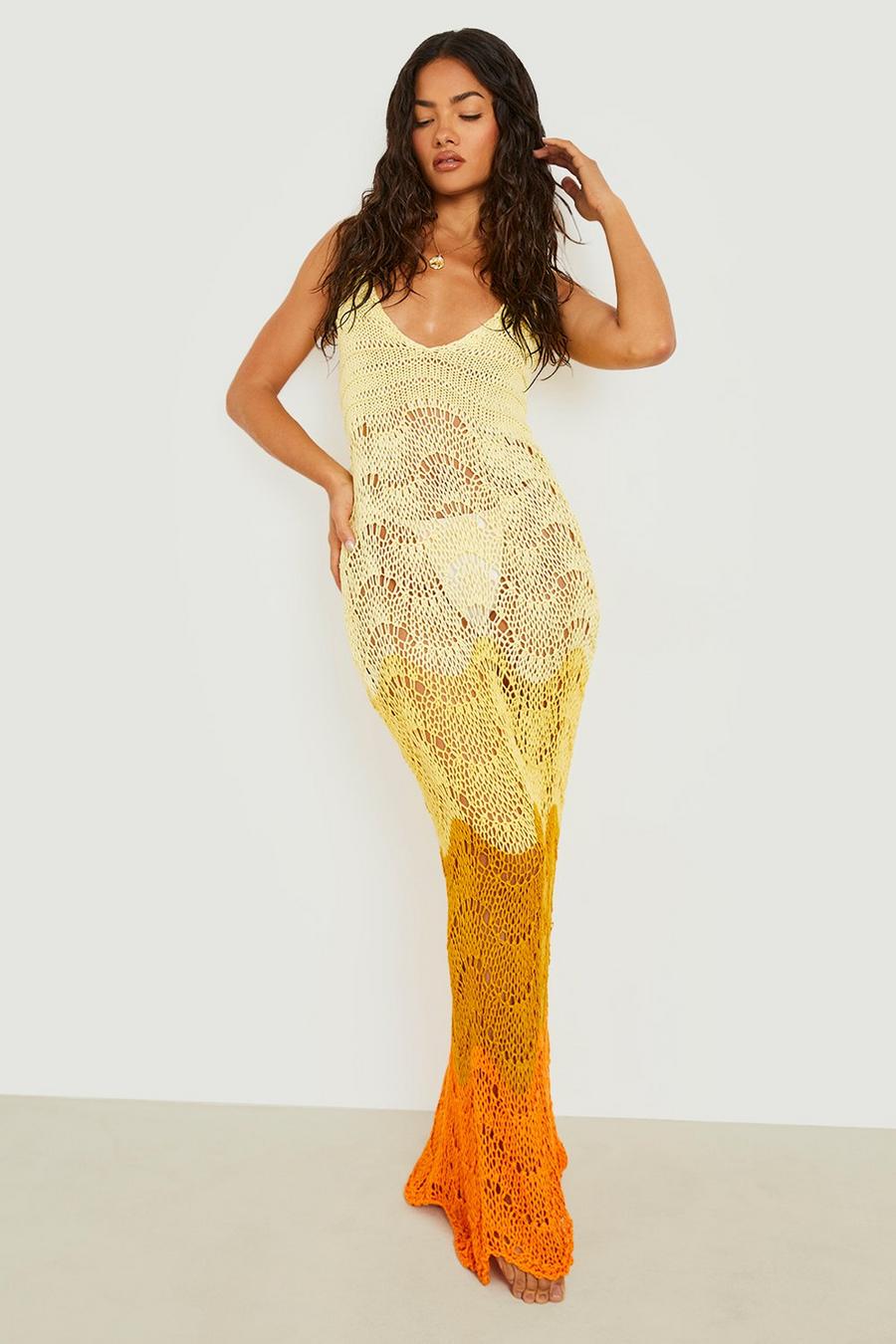 Yellow Crochet Contrast Scallop Scoop Beach Dress