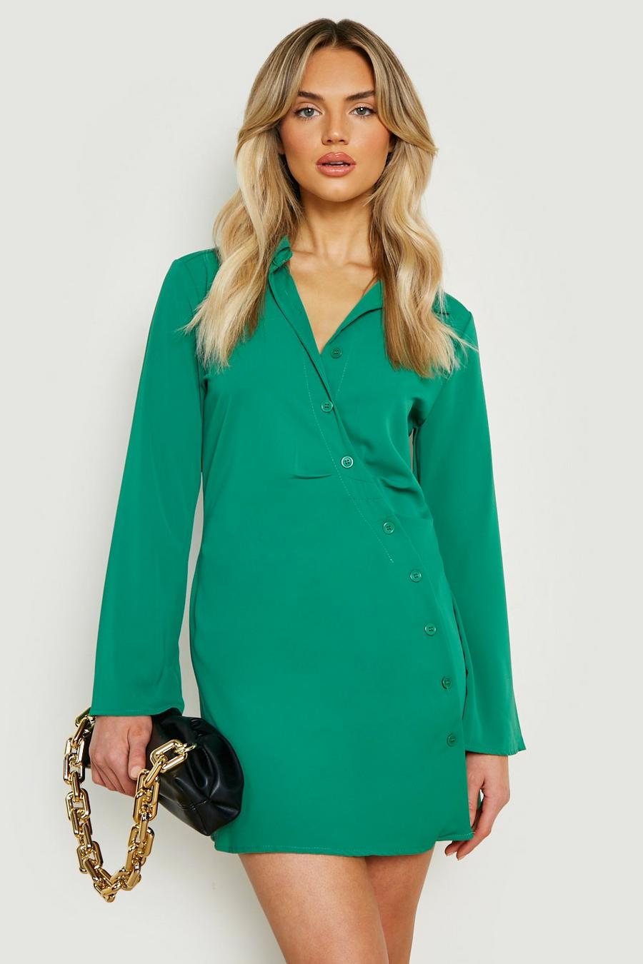 Green Woven Ruched Front Shirt Dress