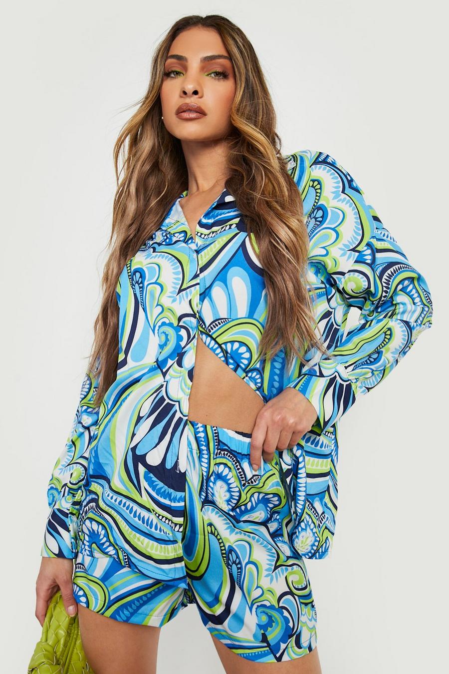 Bright blue Abstract Print Tie Front Shirt & Shorts