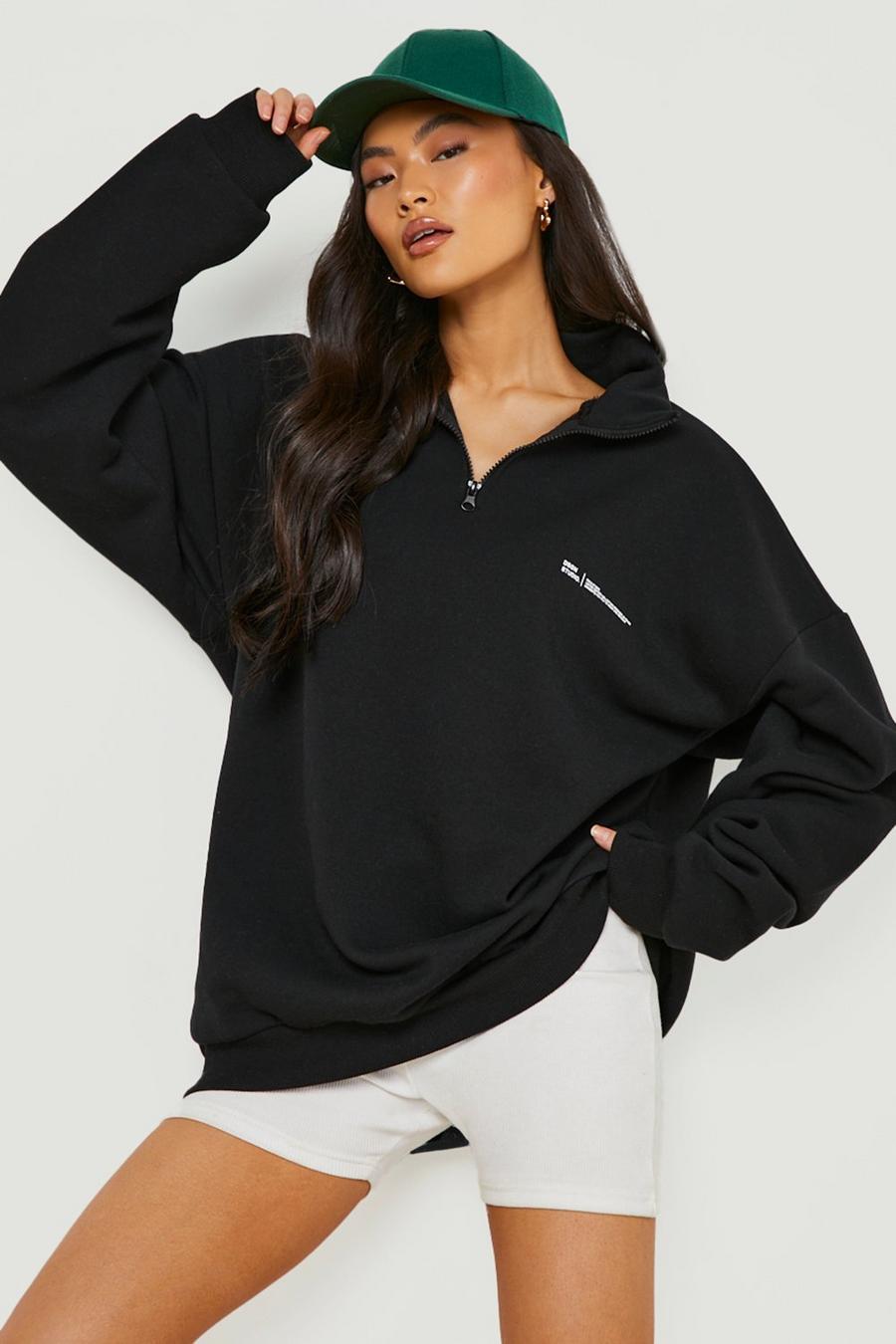 Oversize Sweatshirt mit Text-Print und Reißverschluss, Black