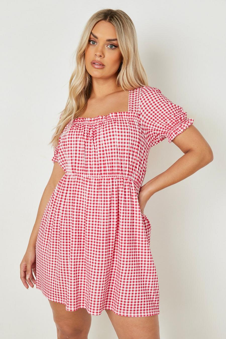 Red Plus Gingham Puff Sleeve Smock Dress image number 1