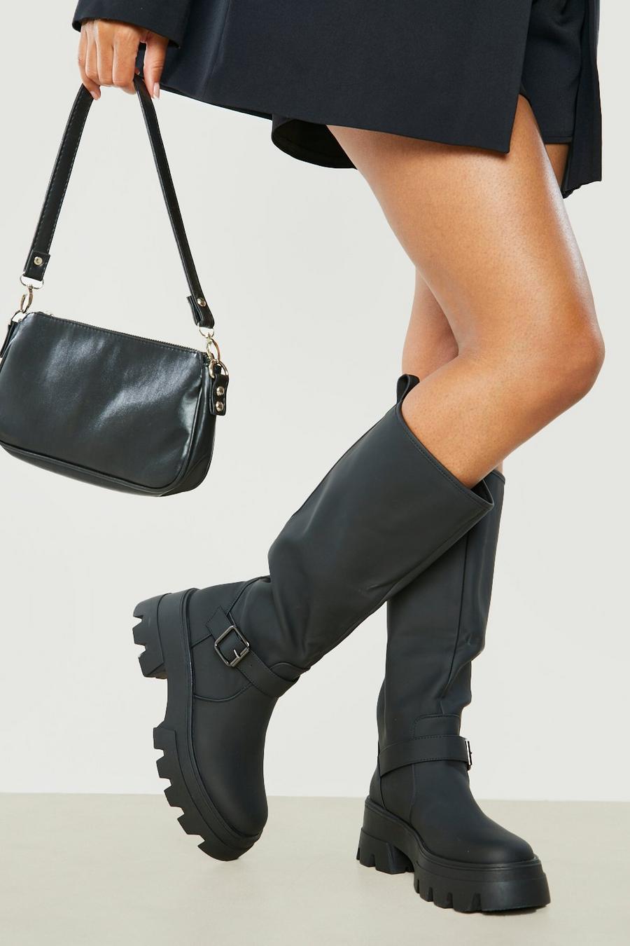 Black Buckle Chunky Rubber Knee High Boot