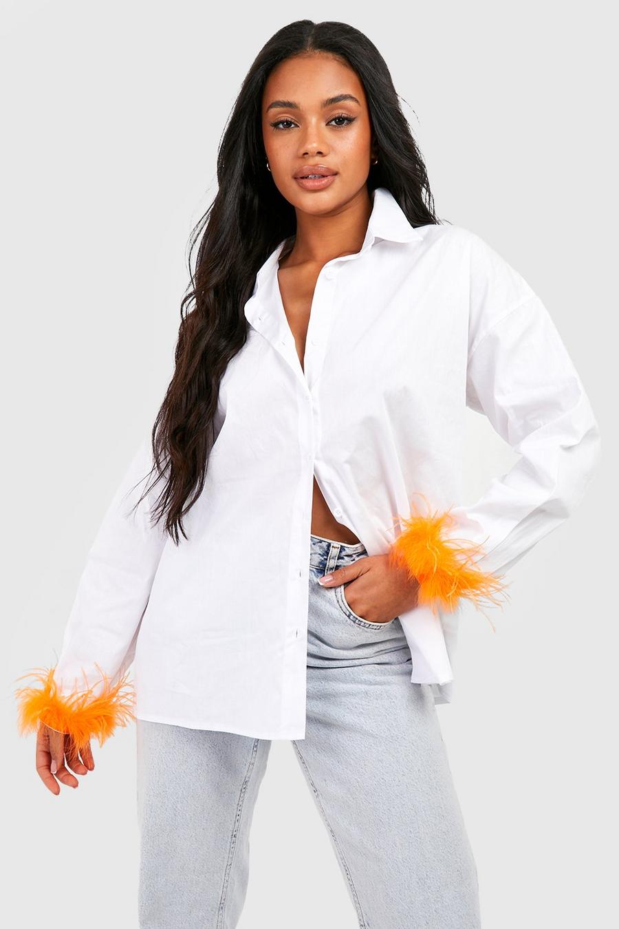 Camisa oversize de algodón popelina con plumas en los puños, Orange