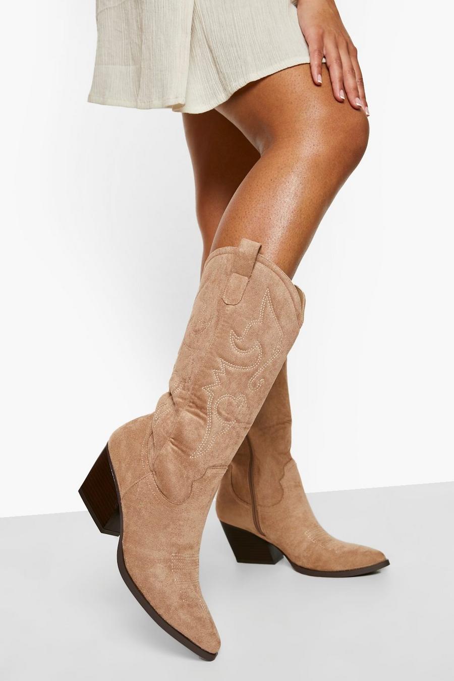 Sand Knee High Detailed Western Cowboy Boots