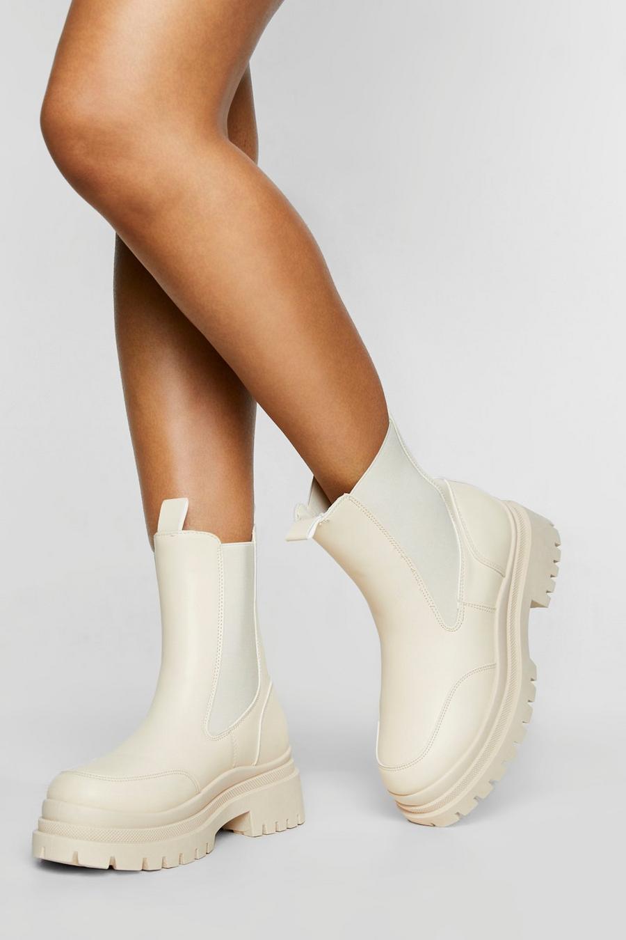Cream Wide Fit Chunky Wave Sole Chelsea Boots