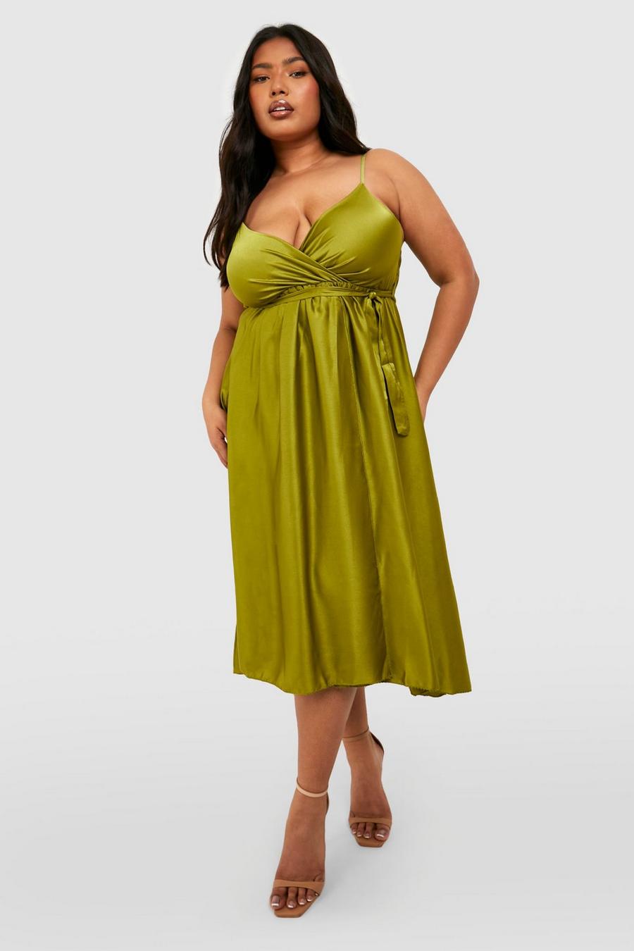 Chartreuse Plus Satin Wrap Self Belted Midi Dress