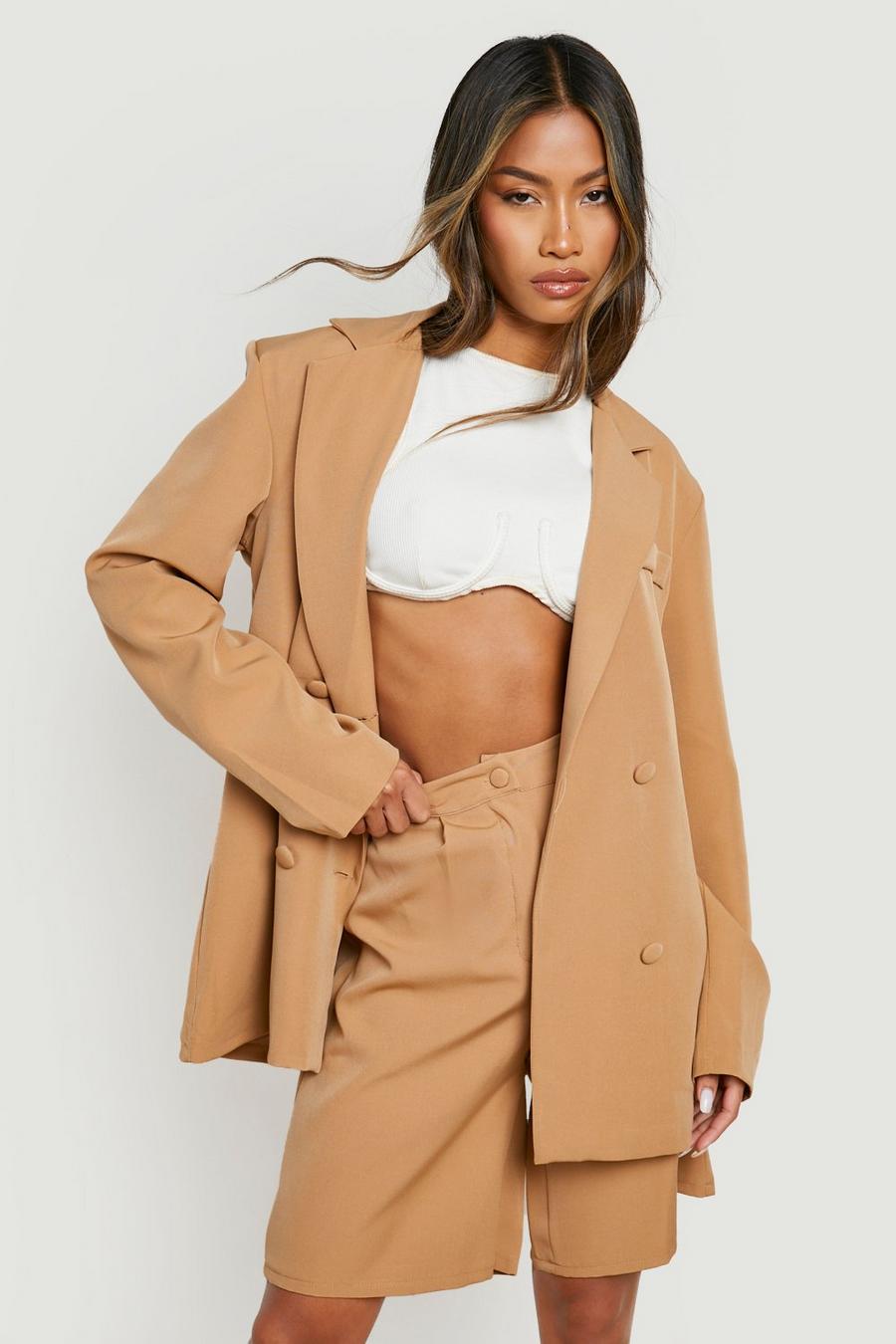Camel Relaxed Fit Double Breasted Blazer