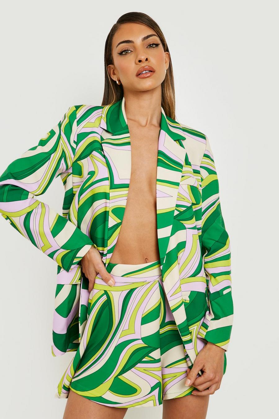 Lime green Abstract Print Flared Tailored Shorts