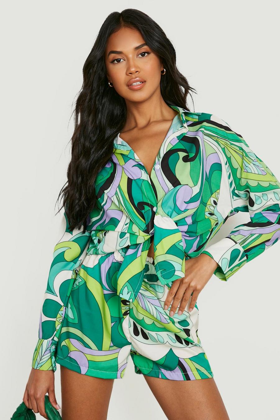 Lime Abstract Print Tie Front Shirt & Shorts
