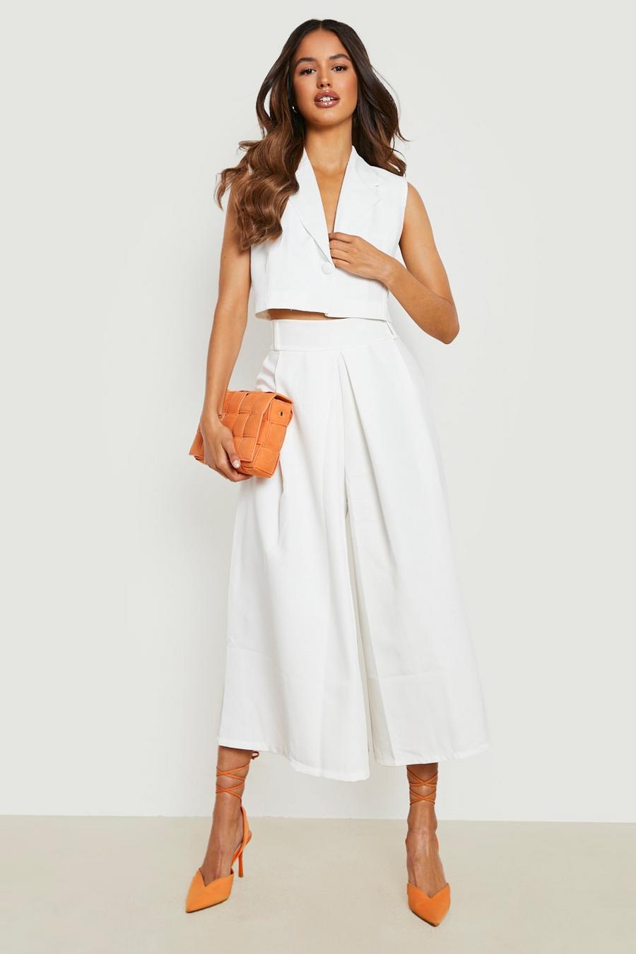 Ivory Pleat Front Wide Leg Tailored Culottes