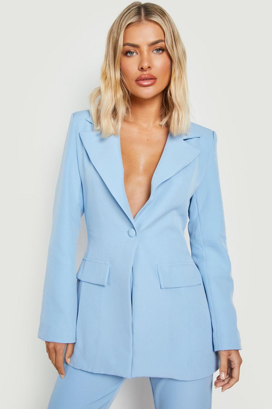 Powder blue Plunge Fitted Tailored Blazer