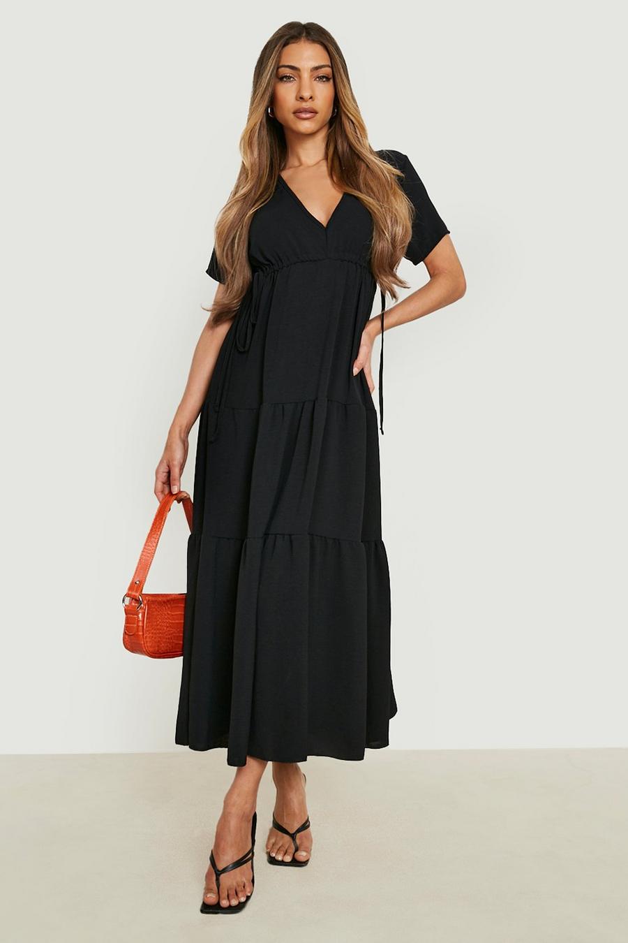 Black Tiered Short Sleeve Midi Dress