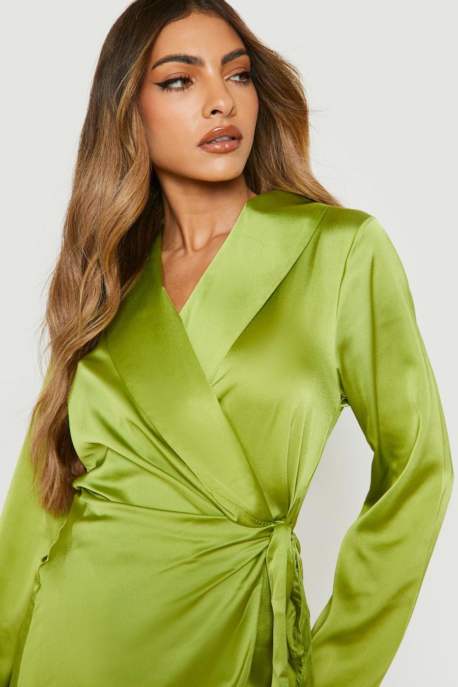 Chartreuse Satin Collared Wrap Dress