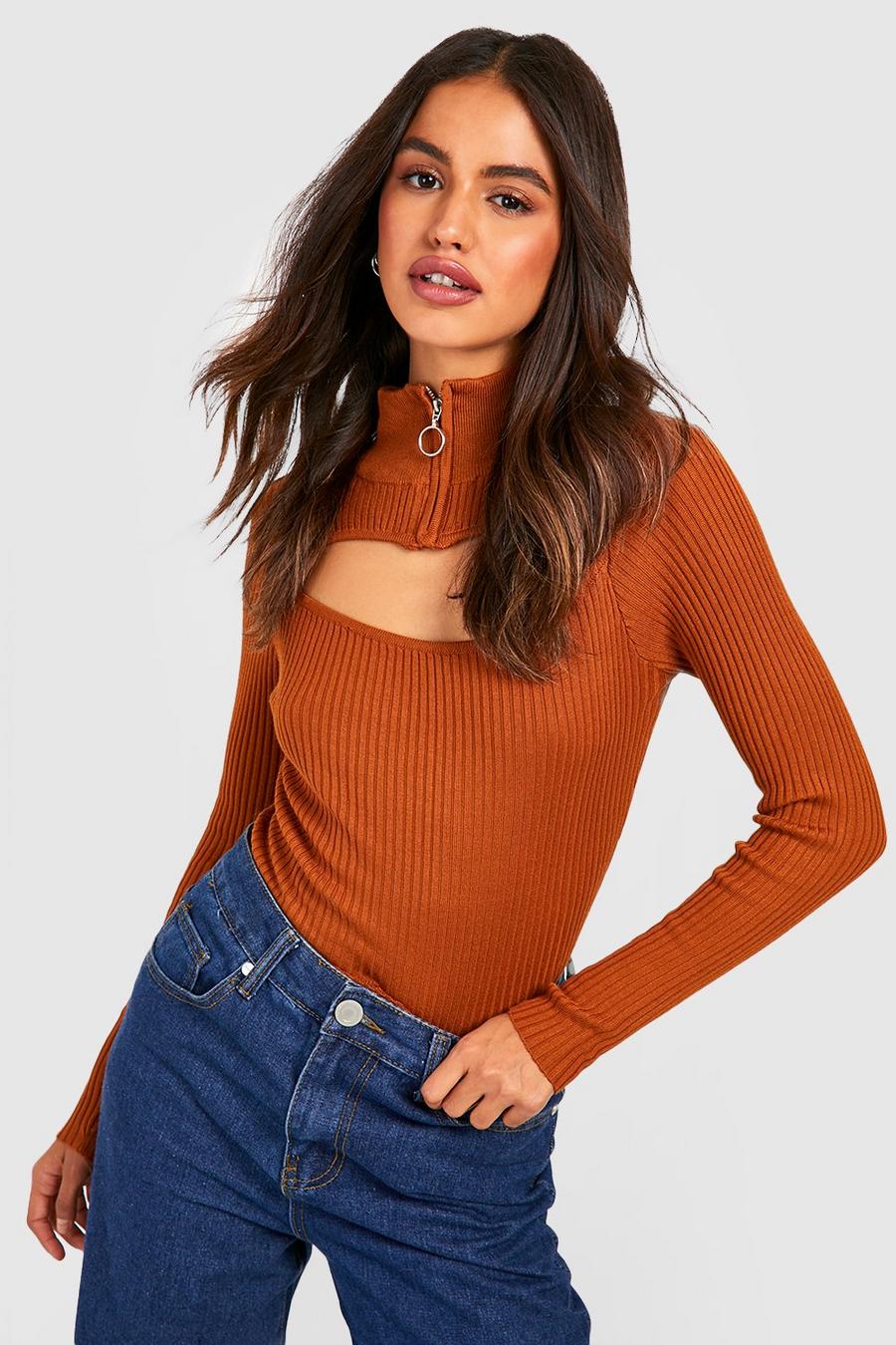 Copper Half Zip Cut Out Detail Rib Knitted Sweater