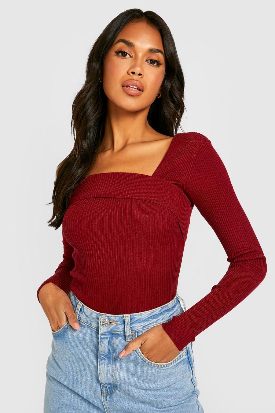 Red Asymmetric Neckline Rib Knitted Sweater