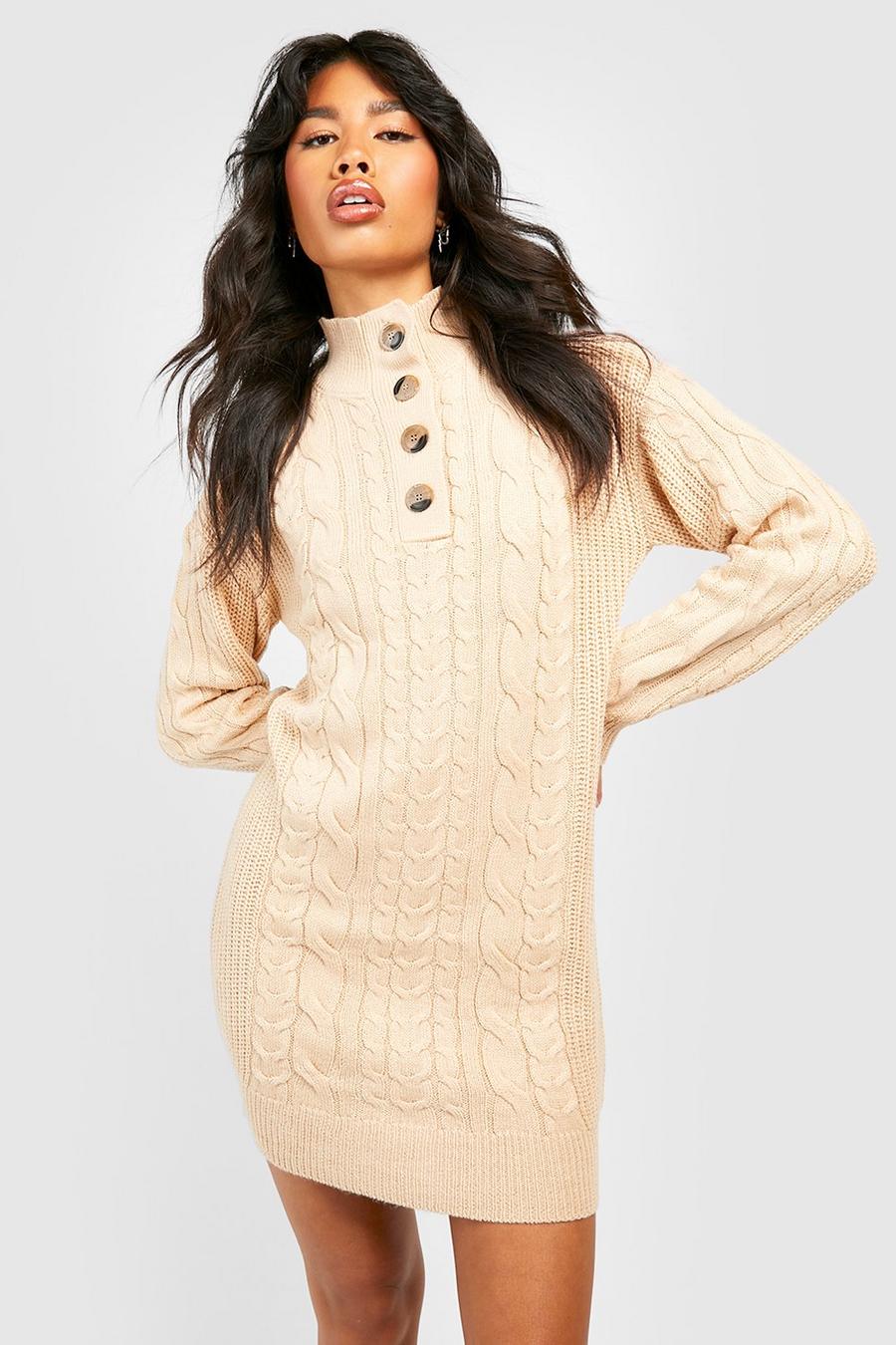 Biscuit Button Neckline Cable Knitted Jumper Dress