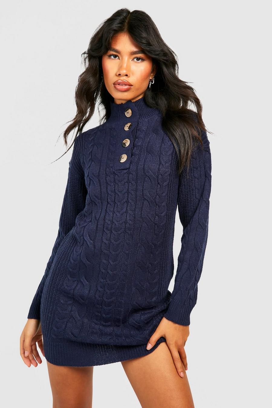 Navy Button Neckline Cable Knitted Jumper Dress
