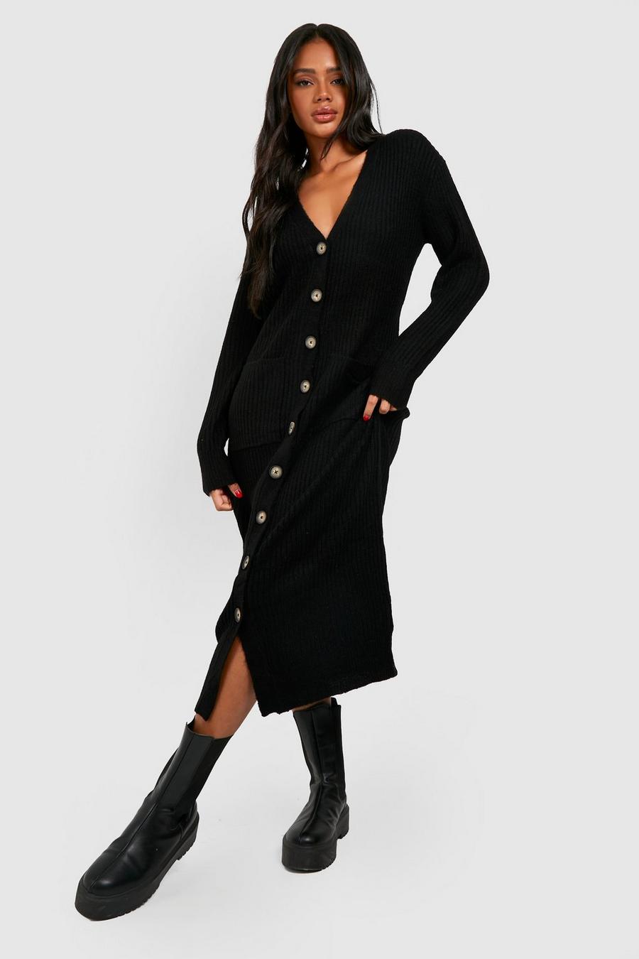 Black Soft Knit Button Through Midi Knitted Dress