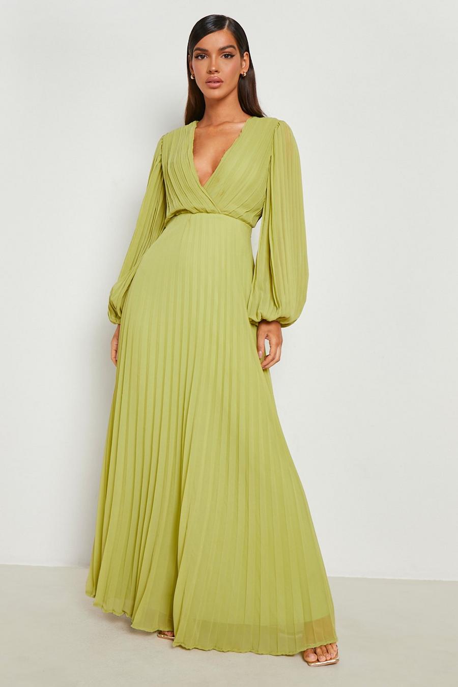 Chartreuse Pleated Chiffon Wrap Maxi Dress image number 1