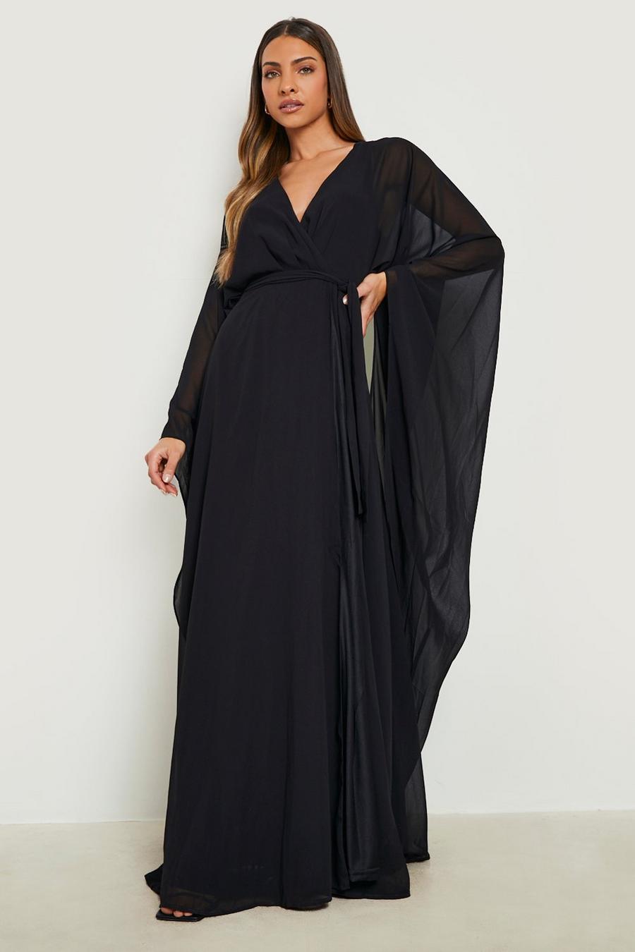 Black Chiffon Wrap Cape Sleeve Maxi Dress