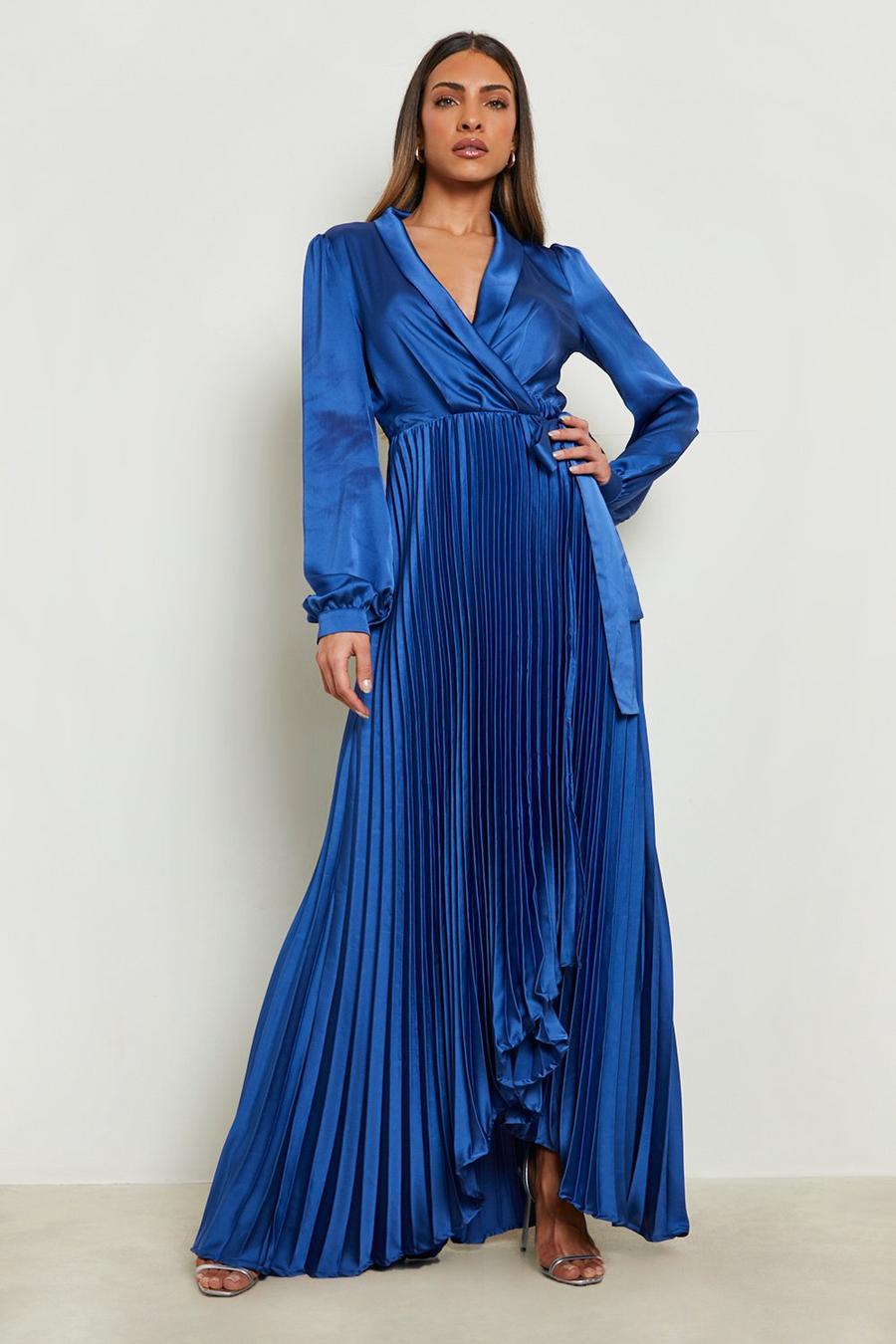 Navy Satin Pleated Wrap Belted Maxi Dress